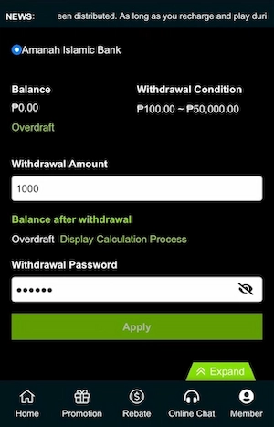 You click "withdraw money"